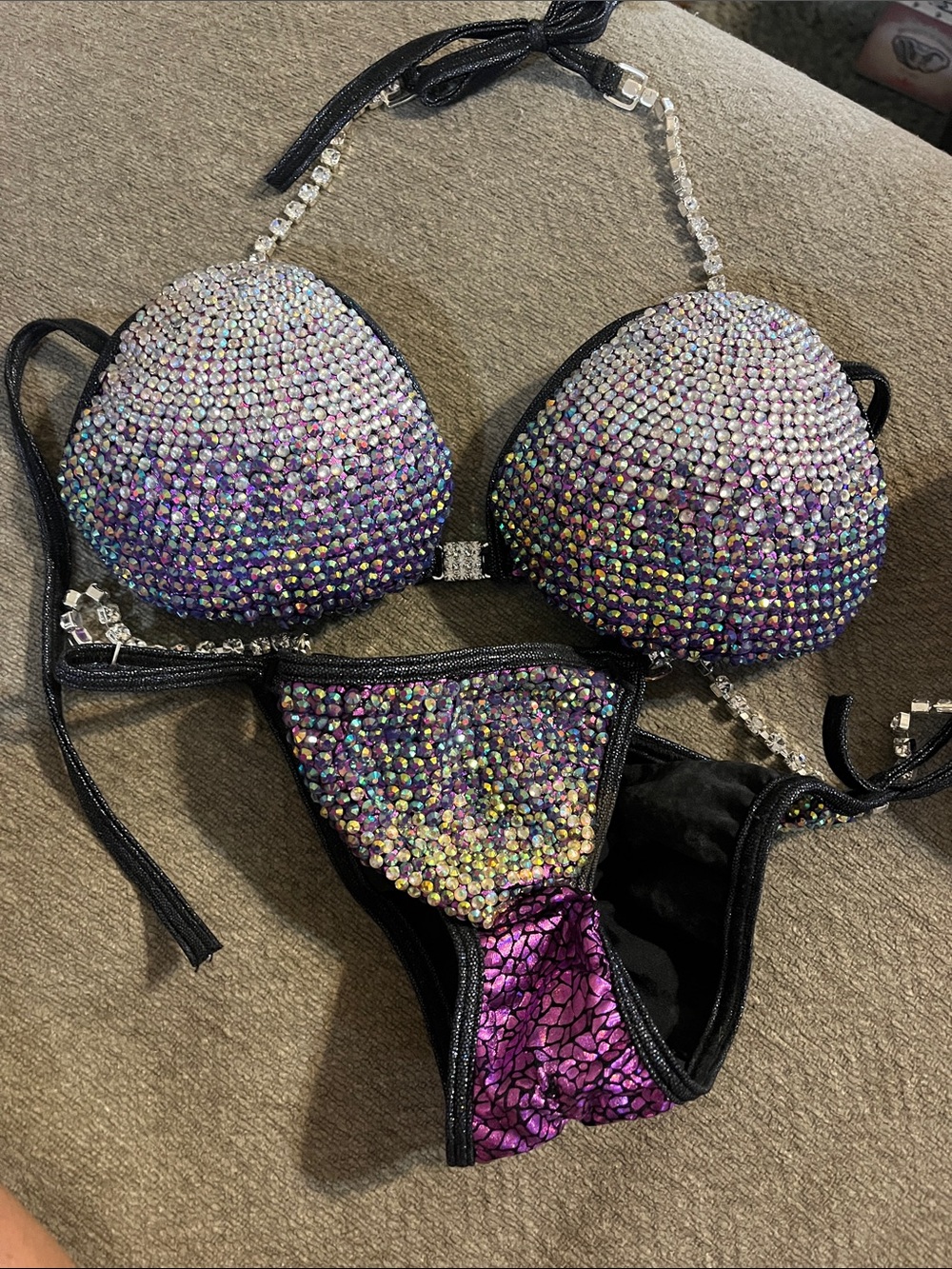 Competition Crystal Ombre Purple Bikini Set with Iridescent Rhinestones